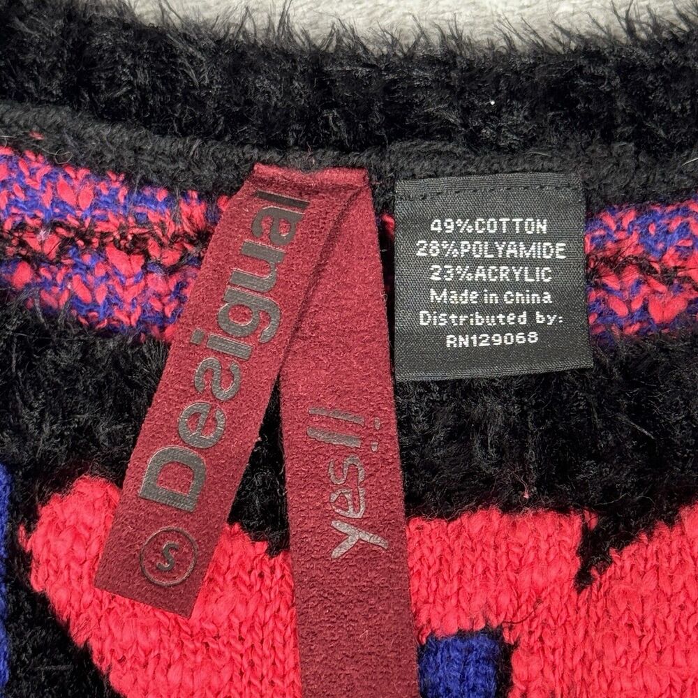 Desigual Sweater Women Small Pink Black Fuzzy Fleur de Lis Casual Colorful Artsy - Picture 8 of 9